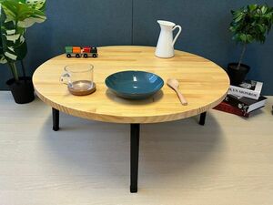 Art hand Auction [Free Shipping] Low Table Round 80cm Pine Natural Folding Legs, handmade works, furniture, Chair, table, desk