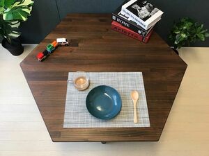 Art hand Auction 【送料無料】ローテーブル 6角 90cm パイン こげ茶 ねじ込み脚, ハンドメイド作品, 家具, 椅子, テーブル, 机