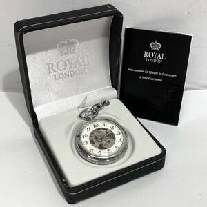 (志木)【稼働/美品】ROYAL LONDON/ロイヤルロンドン 懐中時計 手巻き 裏スケルトン シルバー 90002-01 ケース付き 