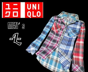 メンズL◇UNIQLO◇クレイジーカラーチェック柄ネルシャツ