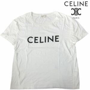 Rh137 CELINE セリーヌ ロゴ Tシャツ カットソー プリント 半袖 ホワイト クルーネック 白 トップス L コットン100% X008370E 正規品