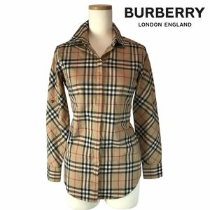 h19 BURBERRY London England バーバリー ノバチェック シャツ 長袖シャツ ブラウス ベージュ UK2 コットン レディース トップス 正規品