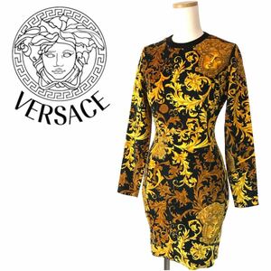 h130 美品 VERSACE ヴェルサーチ メデューサ 長袖 ワンピース タイト ドレス ベロア 24/38 イタリア製 正規品