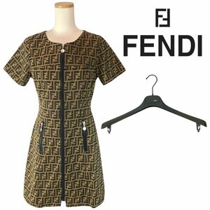 h224 美品 可愛い☆ FENDI フェンデイ ズッカ ワンピース 半袖ワンピース ジップアップ 44 イタリア製 正規品 ヴィンテージ ハンガー付