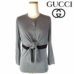 h246 GUCCI 2006 グッチ トップス カットソー プルオーバー ヘンリーネック 七分袖 リボン グレー XL イタリア製 165935 正規品 レディース