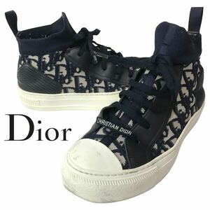 h331 Christian Dior ディオール トロッター ハイカットスニーカー シューズ ネイビー ニット ソックス レザー 約23.5〜24cm 正規品