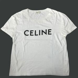 Rh137 CELINE セリーヌ ロゴ Tシャツ カットソー プリント 半袖 ホワイト クルーネック 白 トップス L コットン100% X008370E 正規品の画像9