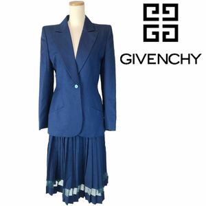 h374 GIVENCHY ジバンシィ セットアップ スーツ ジャケット プリーツスカート ブルー 38 フランス製 ウール100% ヴィンテージ 正規品