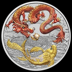 [保証書・カプセル付き] 2023年 (新品) オーストラリア「レッドドラゴン・龍と鯉」純銀 1オンス カラー 銀貨の画像1