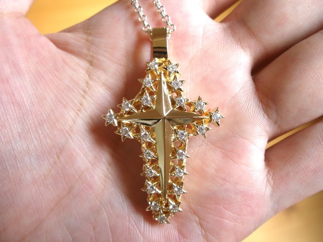 Nio Carving Gold Diamond Bit Star Cross Head Handmade 65b, mens accessories, necklace, gold