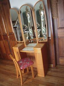  beautiful goods Tokushima confidence peace industrial arts large three surface mirror wooden dresser / dresser * large looking glass outlet many storage accessory / tissue go in * stool re-upholstering settled W95×H168cm