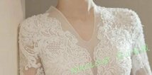 豪華レースウェディングドレス Aライン 7分袖 Vネック パニエ ベール グローブ付 白 小さい～大きいサイズ 結婚式 撮影サイズ選択可AA009_画像6