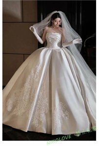 新品 【パニエグローブベール付】高級サテン生地 ウエディングドレス カラードレス 花嫁 結婚式 披露宴AA429