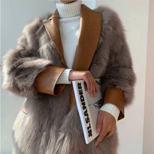  lady's fake leather collar attaching gorgeous fake fur coat fake fur jacket S~XXLDJ692