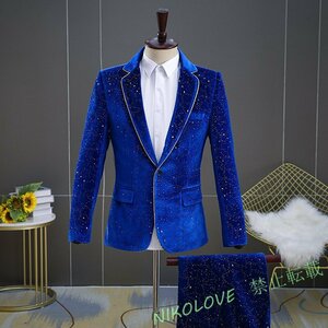  new goods fine quality 2 point set bell bed star empty stage costume men's suit set tuxedo outer garment trousers M~3XL size blue AB450