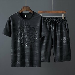 メンズトレーナースポーツウエアセットアップスウェット上下セットジャージTシャツハーフパンツショートパンツ黑BM~8XL HF059