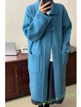 新品 コートセーター ニット カーディガン 羽織物 アウター 前開け ゆったり ハートのボタン 大きなポケット ブルーAA436_画像8