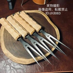 キャンプ用 名栗加工 高品質 ステンレス製 焼き串4本セット 木製柄 アウトドアBBQ 野外登山　