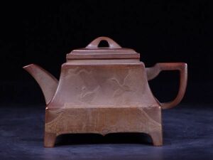 古びた蔵『明 周季山製 陶磁器 紫砂急須 泥絵鶴紋紫砂茶壺』極細工 急須 茶道具 古賞物 古美術 中国古玩