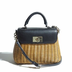 C1997R50　▼kate spade ケイトスペード▼　ショルダー付き コンビレザー ストローバッグ ナチュラル ブラック / 2way かごバッグ