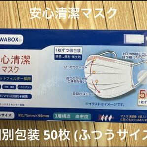 安心清潔マスク50枚入り1枚ずつ個別包装 (ふつうサイズ) 不織布 3層構造 マスク 白不織布 3層構造 白の画像1