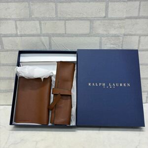 新品 未使用 RALPH LAUREN HOME ラルフローレン ブックカバー ペンケースセット ブラウン 茶 本革レザー 箱付き