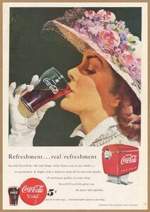 Coca-Cola 花の帽子の女性 レトロミニポスター B5サイズ 複製広告 ◆ コカコーラ 赤丸ロゴ グラス USAD5-456