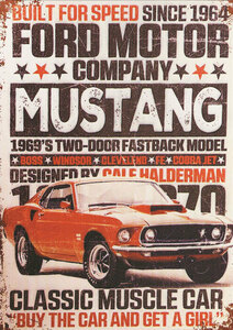 Ford Mustang レトロミニポスター B5サイズ 複製広告 ◆ アメ車 フォード マスタング 看板風 USAD5-453