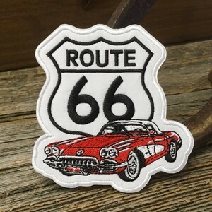 ROUTE66 ロゴ ＆ コルベット ワッペン ◆ ROUTE66 アメリカ旧国道 アイロン接着 パッチ Corvette 赤系 CAWP132