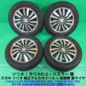 スズキ ソリオ純正 165/65R14 夏タイヤ 70%-80%山 ダンロップ ENASAVE EC203 4本 4穴PCD100 4.5J +45 デリカD2 ハスラー 中古新潟