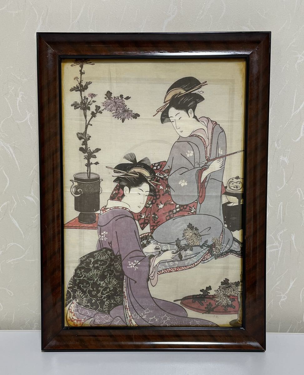 우키요에 목판화 꽃을 꽂는 소녀 우타가와 도요쿠니 니시키에 액자 골동품 미술 아름다운 여성의 초상화, 그림, 우키요에, 인쇄물, 아름다운 여인의 초상