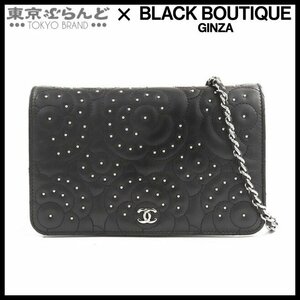 101694178 シャネル CHANEL チェーンウォレット ブラック シルバー金具 ラムスキン カメリア スタッズ 長財布 レディース