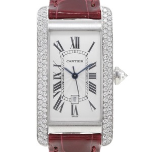 CARTIER カルティエ タンクアメリカンMM ダイヤベゼル 1726 腕時計 K18WG×クロコダイル クオーツ レディース【90000046】中古