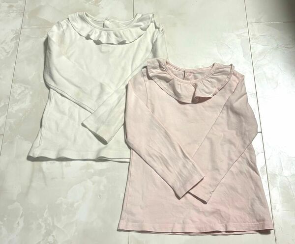 ユニクロ　フリル襟付き長袖カットソー　100cm 2枚セット　ピンク　ホワイト　女の子子供服　