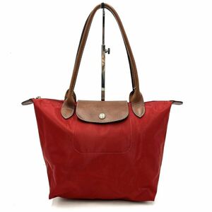 A @ 洗礼されたデザイン '高級感溢れる' Longchamp ロンシャン 一部 LEATHER チャック付き トートバッグ 手提げ鞄 ハンドバッグ 赤系 