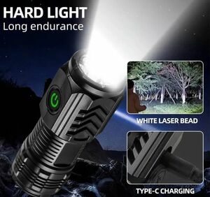 【NEW】3LED ミニ懐中電灯 高輝度ハンディライト USB充電式 防水機能 ベルトフック、マグネット装備 ブラック！