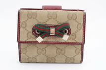 1円〜 美品 GUCCI グッチ GGキャンバス プリンシー リボン Wホック 二つ折り財布 レザー ベージュ レッド レディース_画像1