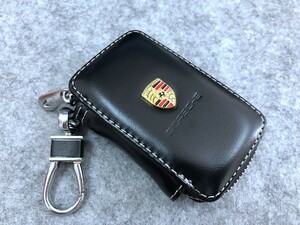 ポルシェ PORSCHE キーケース スマートキー ラウンドファスナー 軽量 シュリンクレザーキーケース　鍵　収納 ブラック