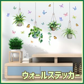 ウォールステッカー ハンキング グリーン 蝶 壁紙 シール 模様替え 植木鉢 ウォールデコ