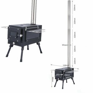 薪 ストーブ アウトドア 調理器具 暖炉 キャンプ 折りたたみ 煙突付き 耐熱ガラス窓付き 組立式 屋外 焚き火台 BBQ 暖房 コンロ ブラックの画像1