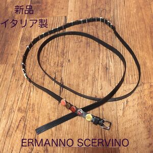 【新品・75cm・イタリア製】エルマンノ・シェルビーノ・黒レザー王冠装飾ベルト