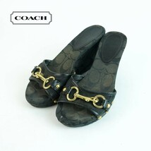 COACH コーチ 22.5 ミュール サンダル ウェッジソール 総柄 シグネチャー ゴールド金具 キャンバス地 黒 ブラック/NC44_画像1