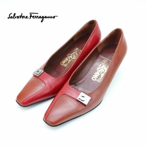 Salvatore Ferragamo サルヴァトーレフェラガモ 7 24.5 パンプス イタリア製 ヒール スクエアトゥ シルバー金具 レザー 赤 レッド/NC79