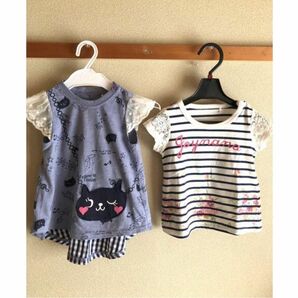 女児袖レース猫柄ワンピース、花柄Tシャツset☆size90