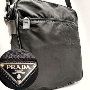 1円● プラダ 1635 PRADA ナイロン サフィアーノレザー ブラック 三角プレート ショルダーバッグ メッセンジャー 肩掛け ポシェット