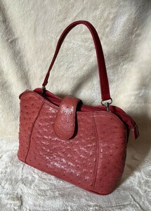 ★美品★OSTRICH オーストリッチ ダチョウ　駝鳥 ハンドバッグ ワンショルダー エキゾチックレザー ダークレッド 濃赤 高級 美品