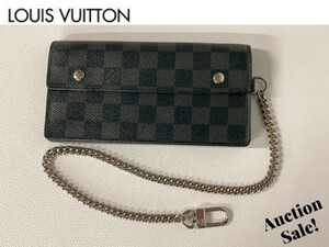 【中古】LOUIS VUITTON ルイヴィトン ウォレットチェーン 長財布 ダミエ柄 色 黒 TR3170 　袋付属
