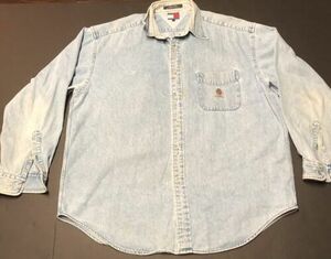 VINTAGE Tommy Hilfiger Button Up Shirt LG Blue Crest Denim Jean Men 90s F22 海外 即決