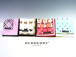 ◆未使用◆BURBERRY LONDON/バーバリー◆ハンカチ 4枚セット◆ピンク/ベージュ/緑/赤◆ノバチェック/犬/テントウ虫/花/◆50×50cm◆