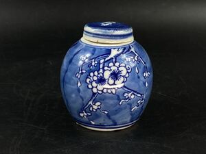 【福蔵】茶壷 茶入 染付 青花 古梅紋 小壺 蓋付 中国古玩 古美術 高8.7cm